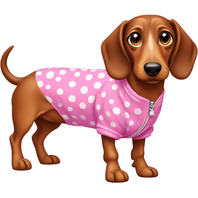 Spotted Wiener dog in a pink jumpsuit emoji