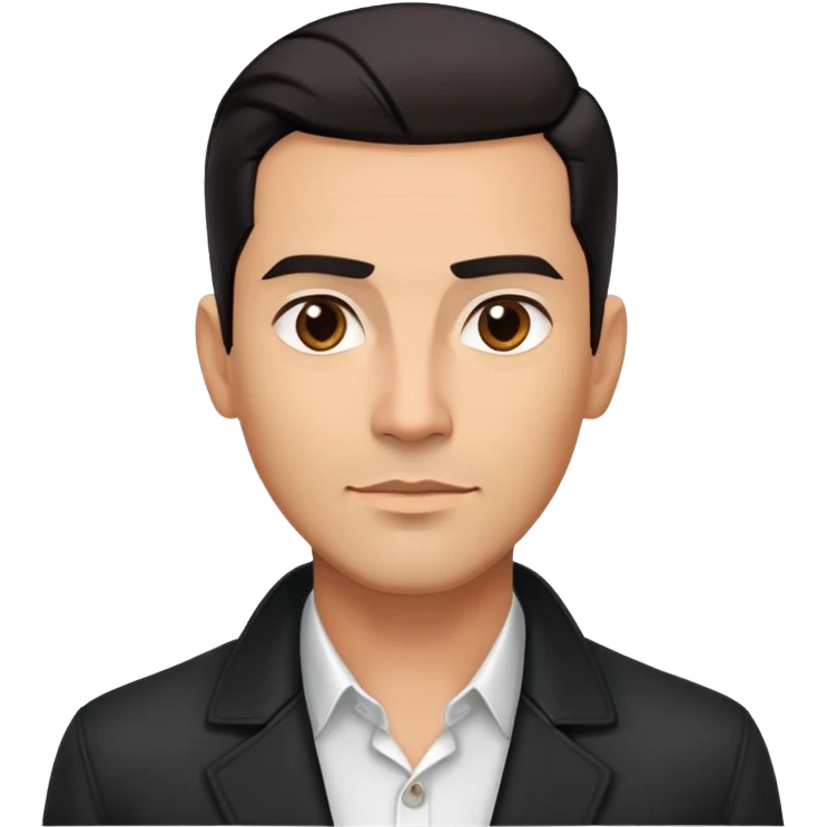 Attractive Hispanic TV host in his early 40s with light brown skin, short straight black hair slicked back with fade on sides, square handsome face with strong jawline, friendly approachable expression, wearing black jacket with white buttoned shirt underneath emoji