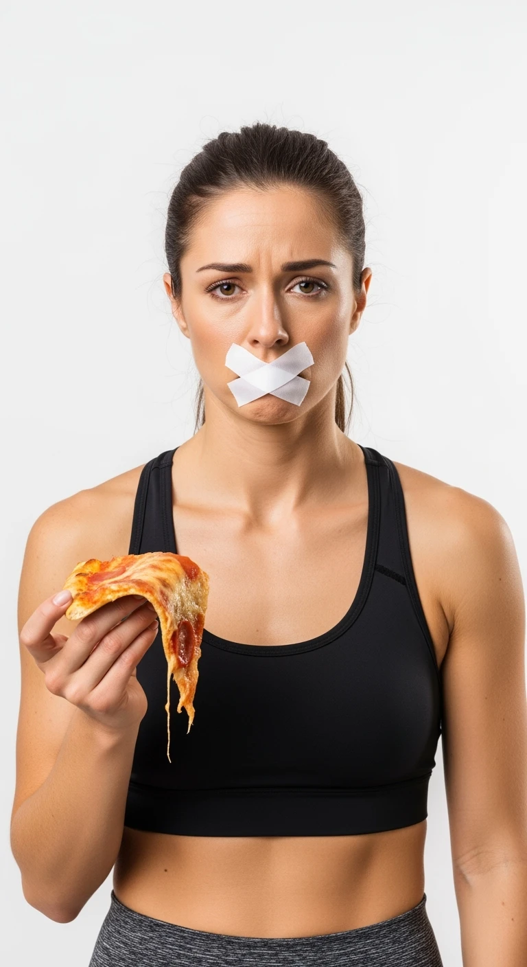 donna fitness con una fetta di pizza in mano ed espressione molto triste e stanca, scotch a croce sulla bocca, sfondo bianco emoji