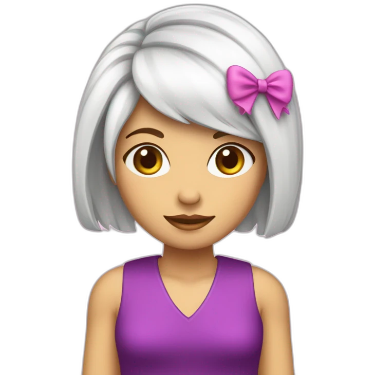 mulher branca cabelo curto e franja rosa com laço roxo na cabeça emoji