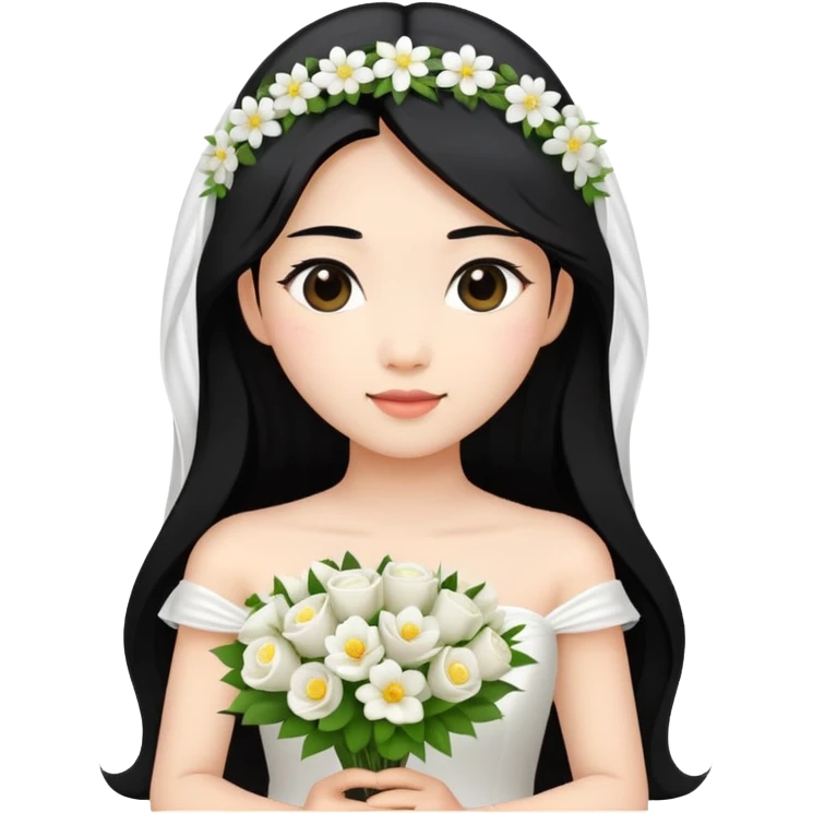 Beautiful Asian girl with long black hair in wedding dress holding bouquet  emoji