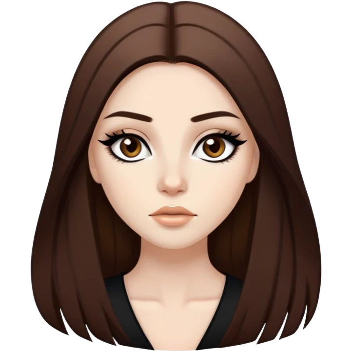 pretty baddie, brown straight hair, pale skin, long hair, dark brown eyes, bold black eyeliner emoji