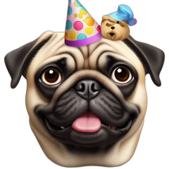 pug and black pug wearing birthday hat emoji