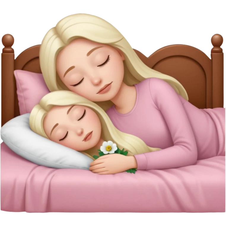 White girl long hair sleeping in her light pink bed cuddling with her white poppy emoji