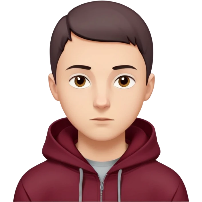young white European male with short buzzcut dark hair, smooth clear skin, wearing a maroon hoodie with the hood up, oval-shaped face, defined jawline, high cheekbones, symmetrical features, sharp focused eyes, straight prominent eyebrows, calm neutral expression emoji