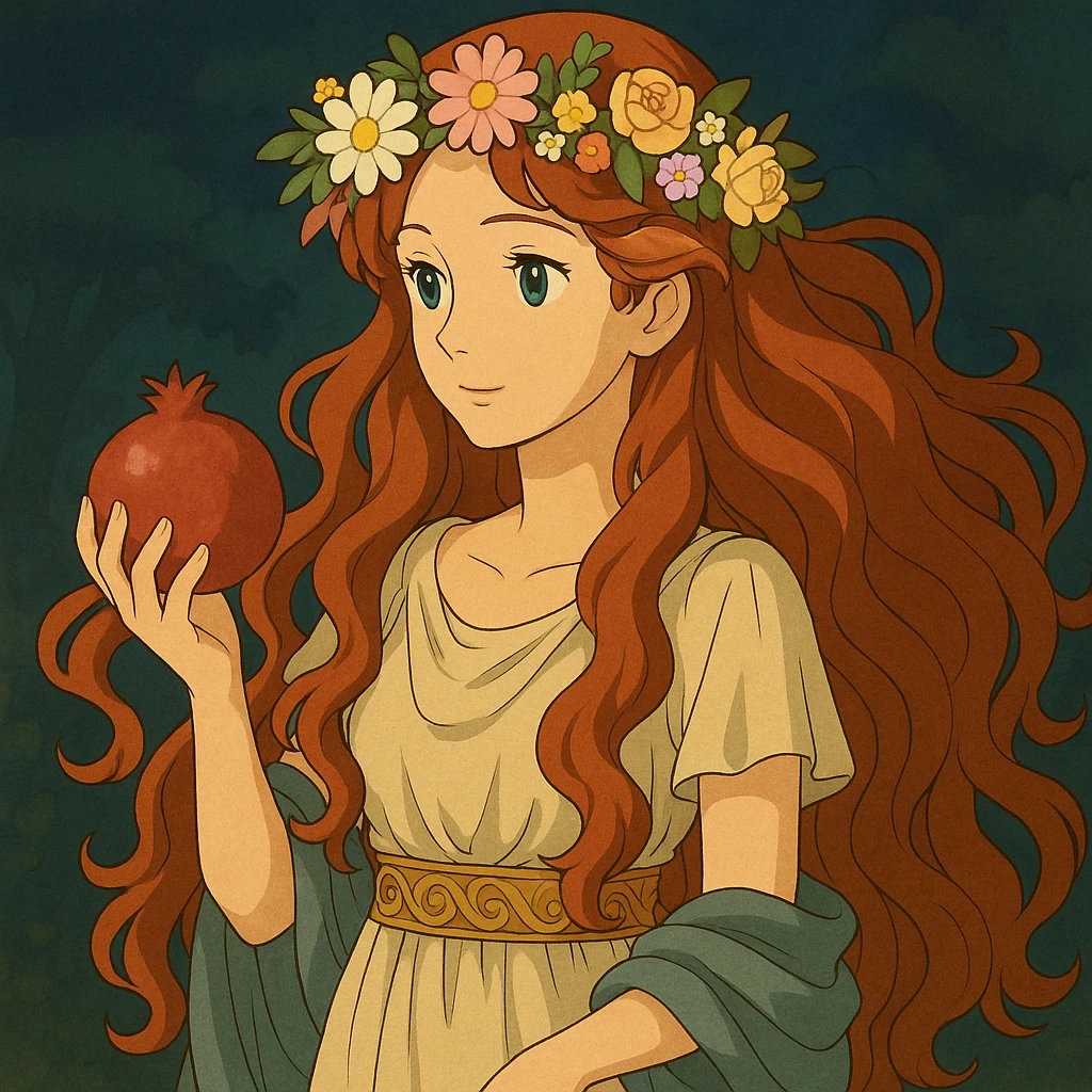 Add a crown of flowers to Persephone's head, keeping the Ghibli style and her flowing red hair, holding a pomegranate. emoji