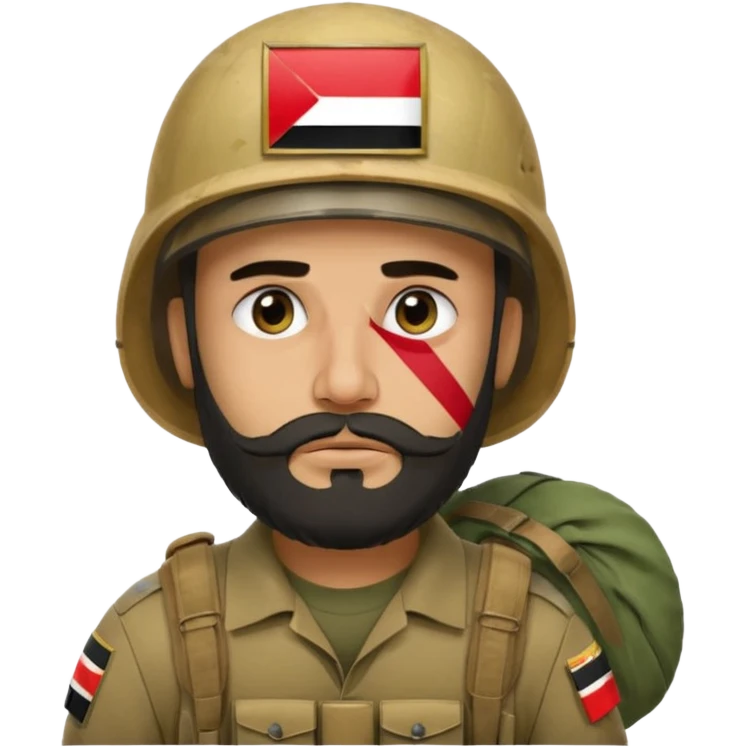 A very tired and sad, swarthy Iraqi soldier with a beard, an Iraqi flag on his helmet, a sad expression and bags under his eyes emoji