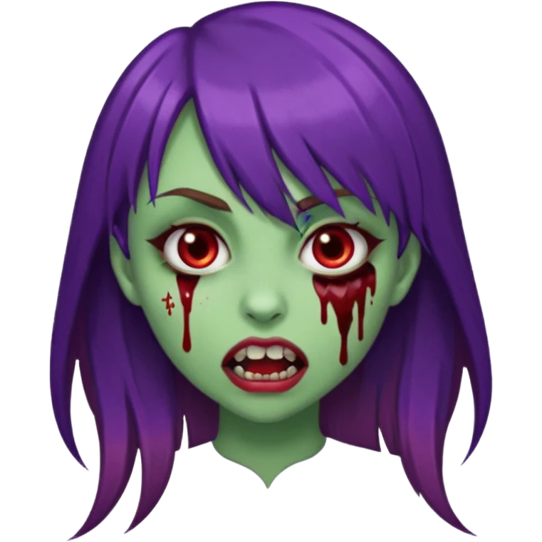 uma garota com cabelo marrom com franja lateral e dois fios de cabelos são roxos na franja, e o cabelo é liso, e a pele dela é verde e a boca normal dente de vampiro e com sangue pingado no canto e um piercing no canto da boca. emoji