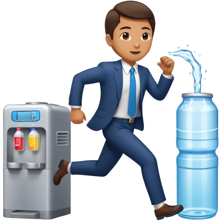 Business executive running marathon in suit next to water cooler emoji
