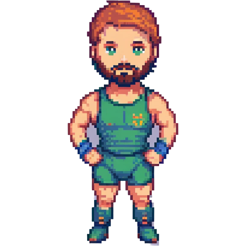 wrestler with a beard and short hair, wearing wrestling gear, pixel art style emoji