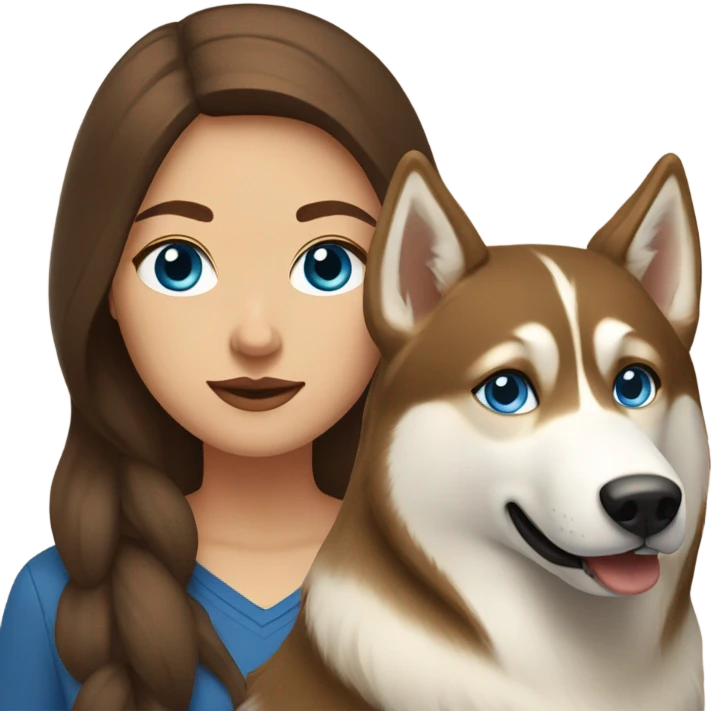 Woman brown hair blue eyes with Husky beige golden emoji