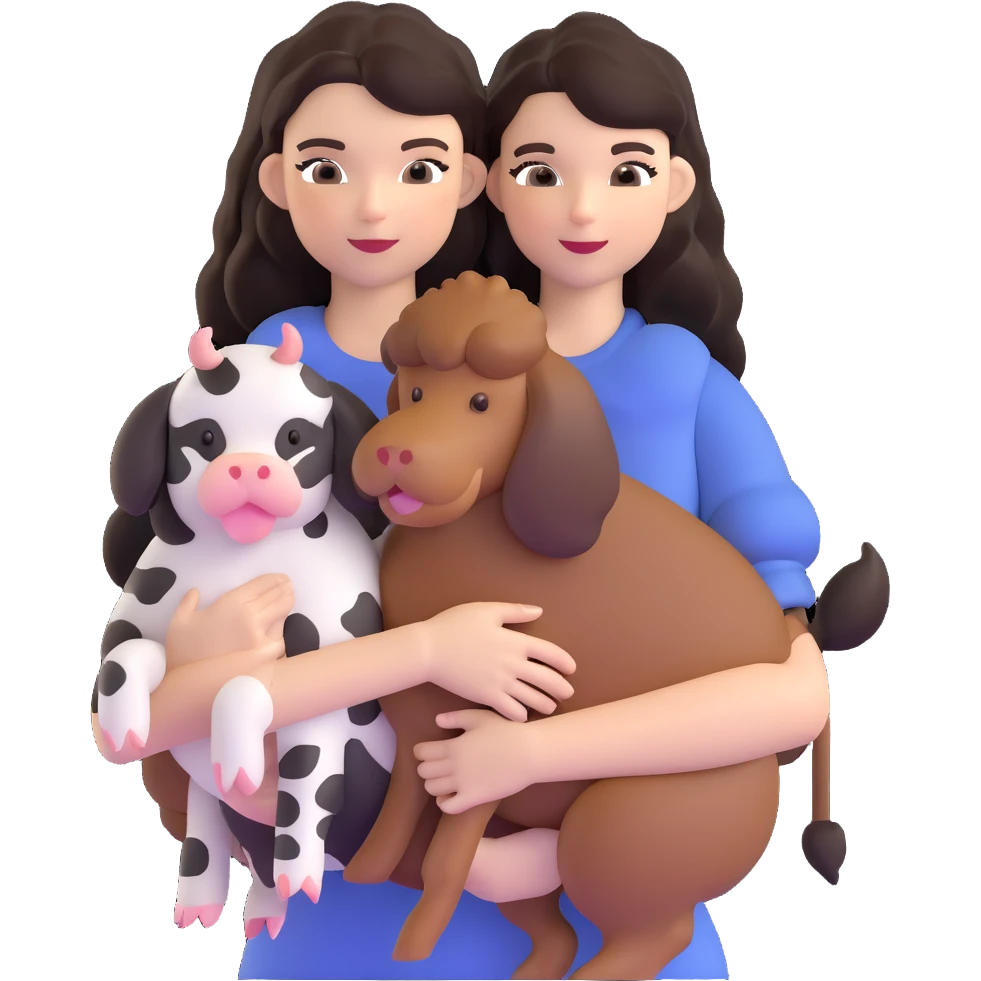 Kendall Jenner with long dark hair holding a brown poodle and a cow cat in her arms emoji