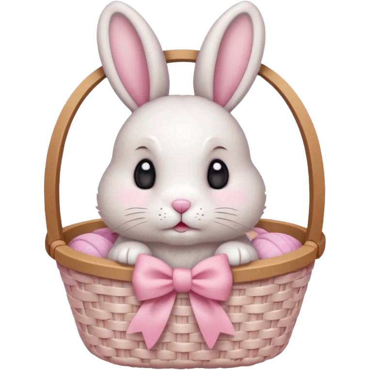 light pink bow on a beige white wooven basket. A bunny with its paws a bit out and sift white fur cute eyes emoji