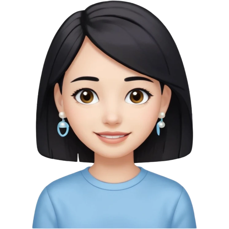  emoji of a smiling girl with a long bob haircut in black-brown color, fair tan skin, soft black eyebrows, and brown eyes. She's wearing a pastel blue shirt, has pearl earrings, and white clean hair clips. Her look is fresh and minimal clean girl aesthetic. Use a white background, emoji