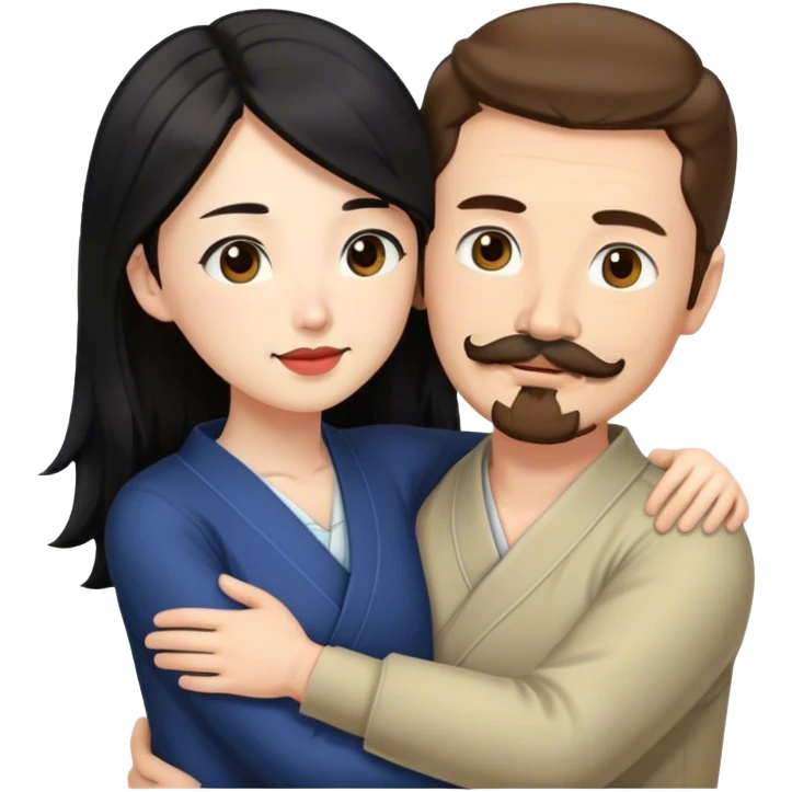tall white man with brown hair goatee mustache hugging a japanese woman with long black hair emoji
