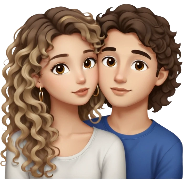 cute girl long brunette balayage curly/wavy not voluminous hair, brown eyes, hoop earrings, natural pretty clean makeup: kissing on the cheek a cute boy blondish straight messy hair and brown eyes emoji
