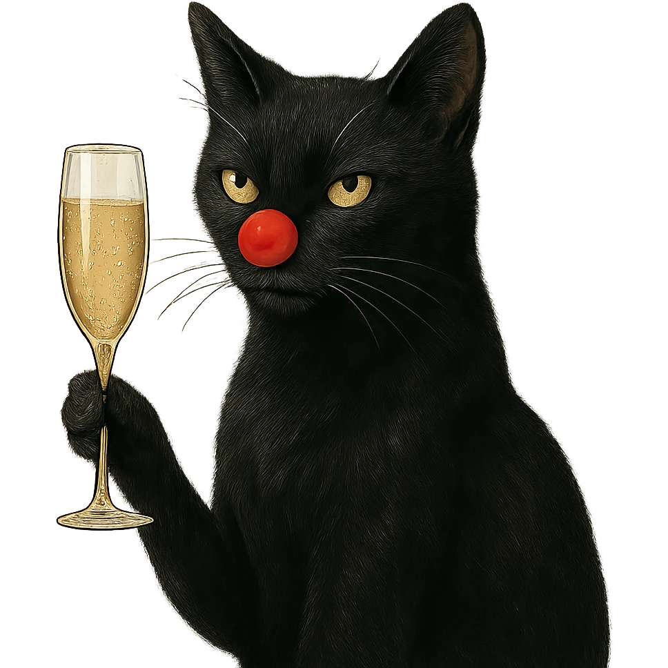 black cat with a red clown nose holding a glass of champagne, elegant and whimsical emoji