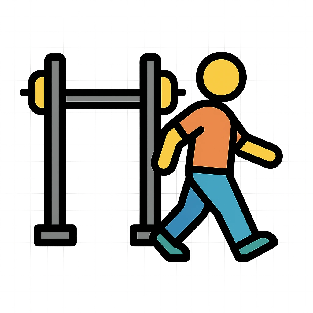 playful bold stylized icon of a person walking away from a squat rack, fitness context emoji