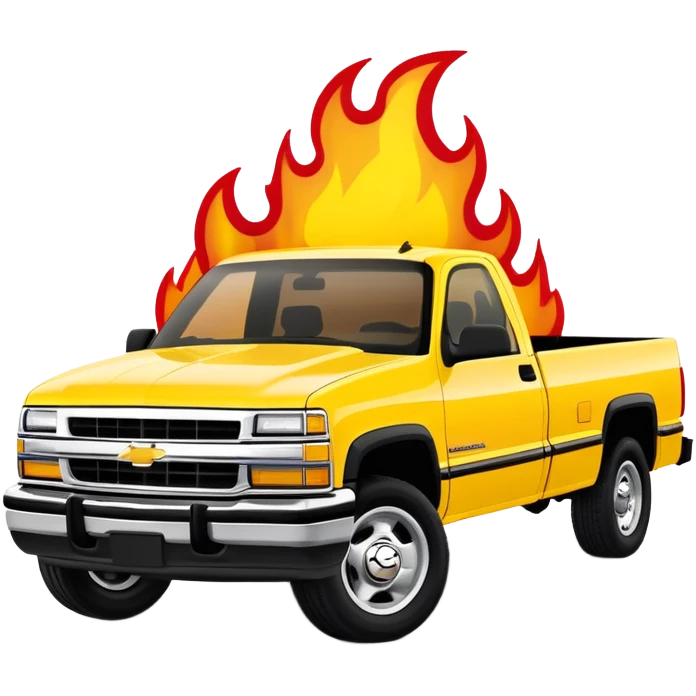 1997 Chevrolet Silverado C-2500 in bright yellow with screen-accurate red flame decal printed on the hood, faithful to Kill Bill movie design, 30-degree angle, iOS emoji style emoji
