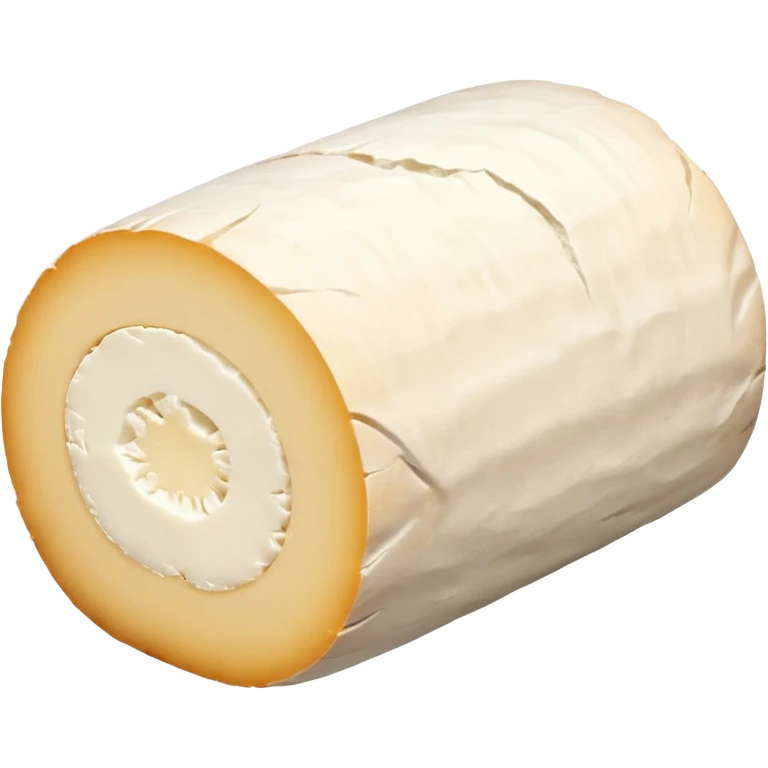 small white goat cheese log with soft slightly wrinkled rind, creamy white interior visible at one sliced end, clean cylindrical shape, natural surface texture, subtle aging marks, no board or garnish, soft lighting, subtle shadows, emoji scale emoji