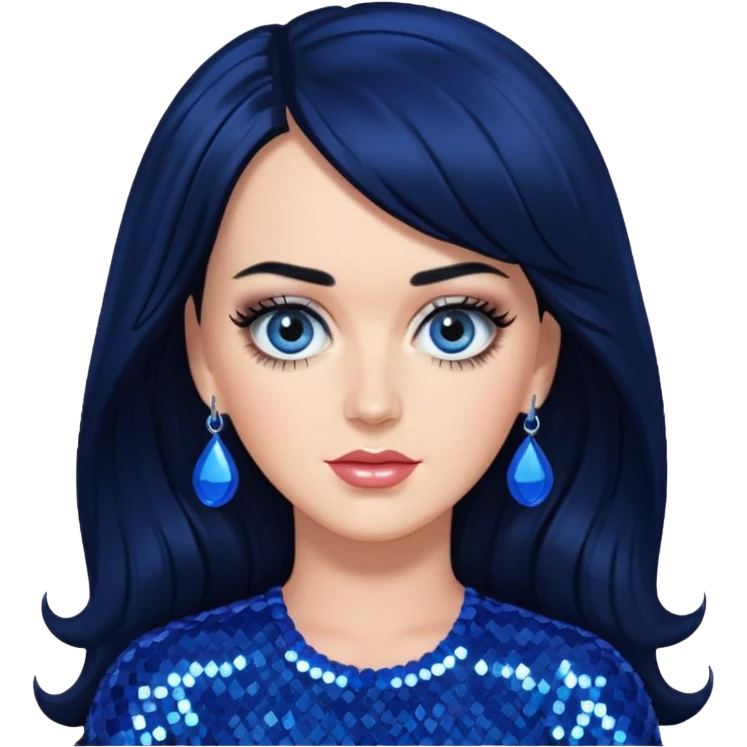 Katy Perry with long black hair, blue sequin outfit emoji