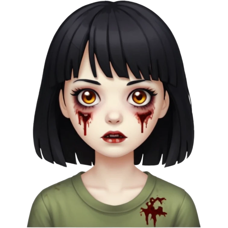 Zombie girl, black hair with bangs, slightly wavy, layered haircut, long eyelashes, black eyes. emoji