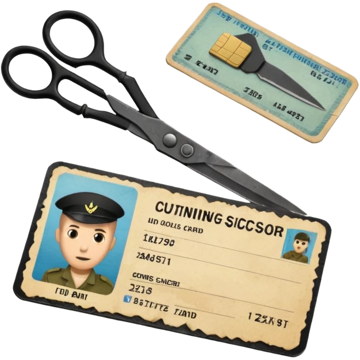 Floating black Scissors cutting in half an idf soldier ID card with a little chip in 2 parts emoji