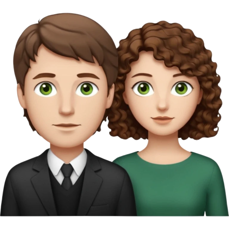 White Man in the middle with brown hair and green eyes, women next to him with short brown hair with slight waves, taller women on right side with shoulder length curly hair and brown eyes emoji