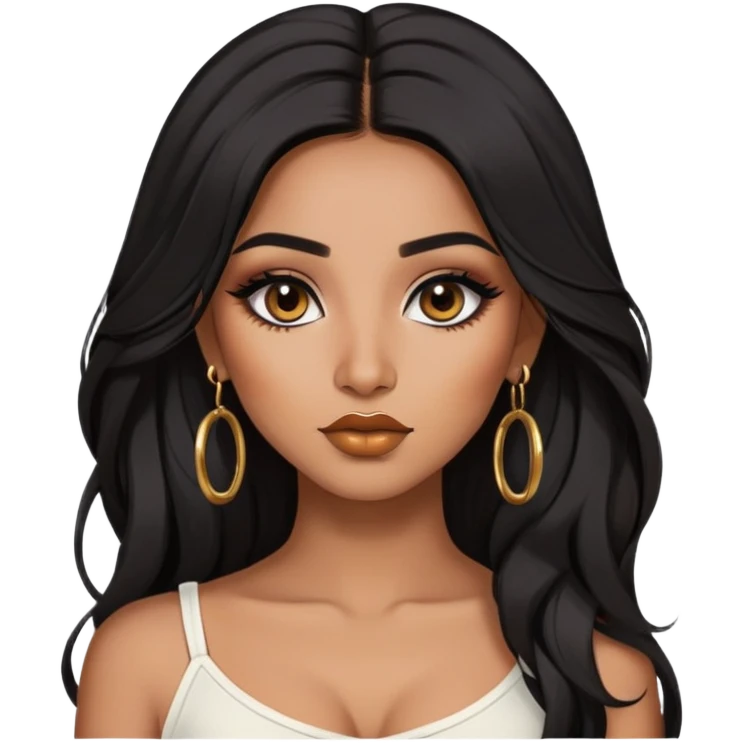 indian girl, brown skin, long black voluminous hair, brown underneath colored hair, baddie,pretty, makeup, lipliner, black eyeliner, gold hoop earrings, white top emoji