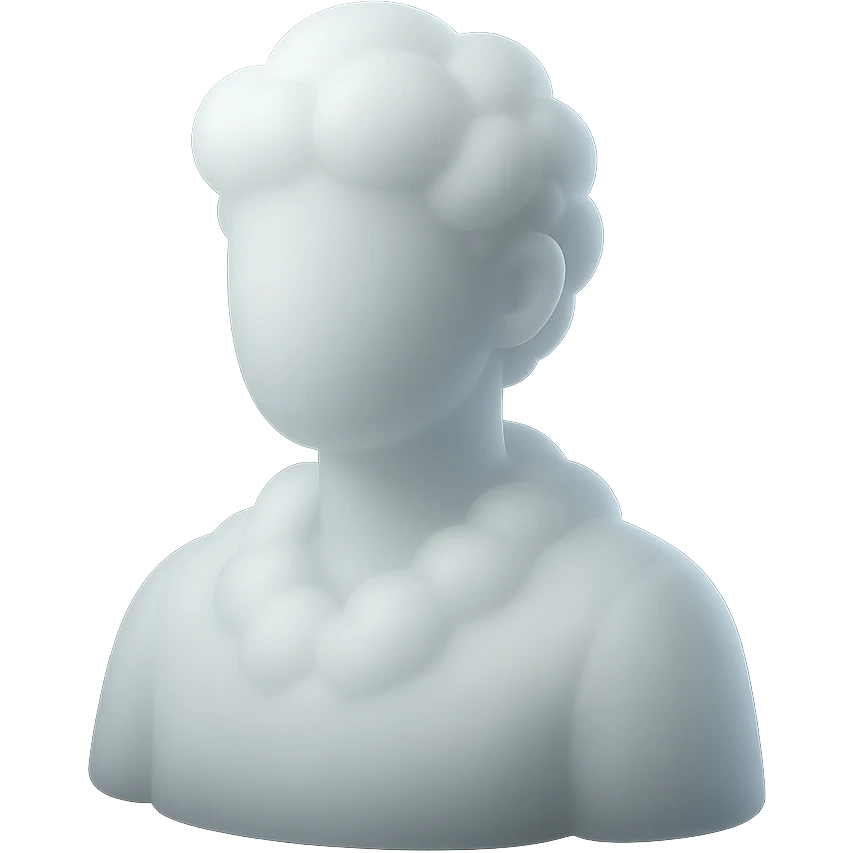 person from shoulders up, fully composed of white fluffy convex clouds, matte glass style emoji