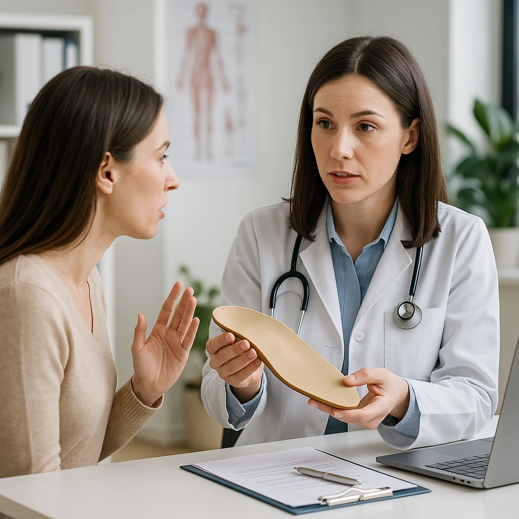 Realistic 4K image of a woman consulting a female orthopedist, showing an orthotic insole and explaining her postural problems, professional medical environment. emoji