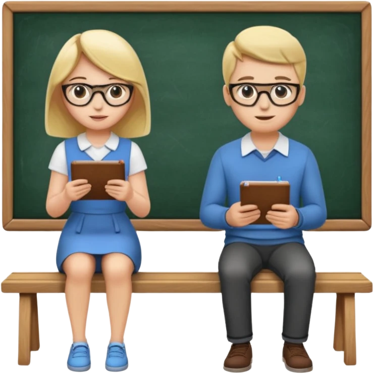 Girl is teaching a guy how to make emojis. Girl at blackboard, guy on bench learning. emoji