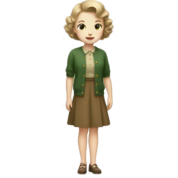Very young girl with pale skin, light brown, short hair, a brown 1940s dress with an earthy green cardigan emoji
