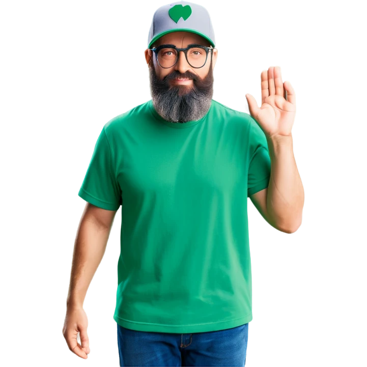 A bold man with a grey baseball cap, green eyes, big beard and glasses, waving  emoji