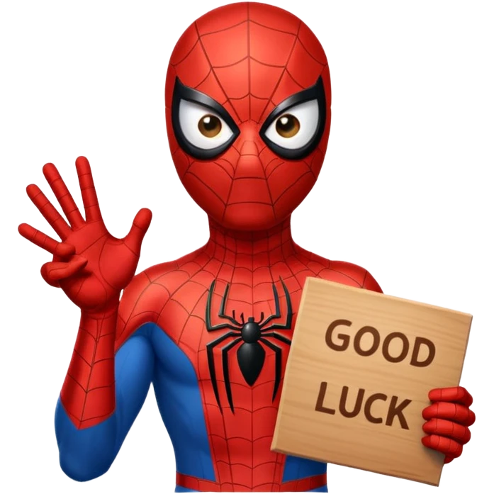 Spider-Man with a sign that says good luck emoji