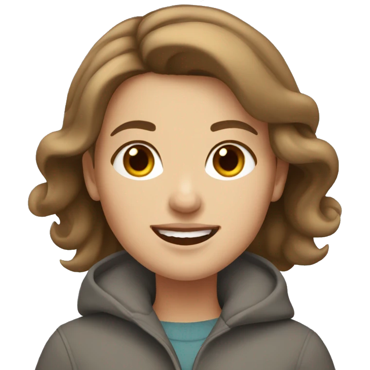 Brown-haired white girl smiling, wearing a grey coat emoji