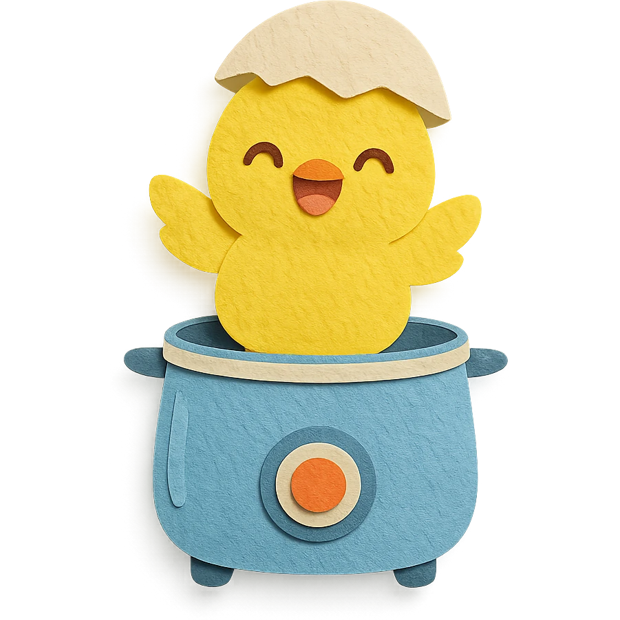 chibi egg cooker chick popping out of the lid, smiling brightly, soft yellow tones, full-body emoji