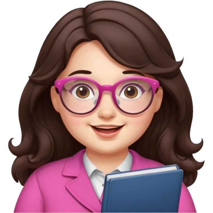 chubby English teacher cute girl face joyful wavy long dark brown hair pink glasses classroom background for online classes emoji