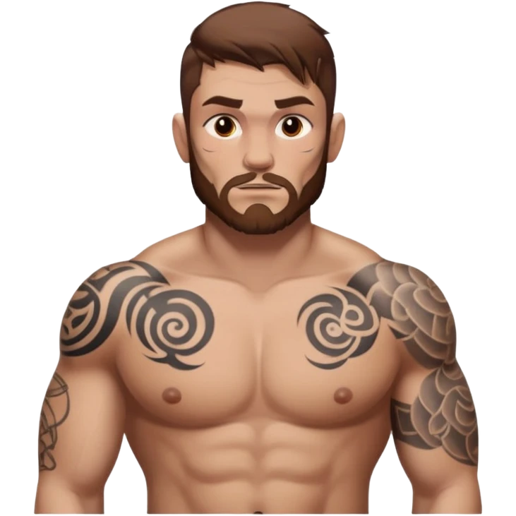 tattoo man, full  white skintone,brown hair, tattoos on face, more visible, bulky man with tattos on his chest, heavy tattoos. emoji