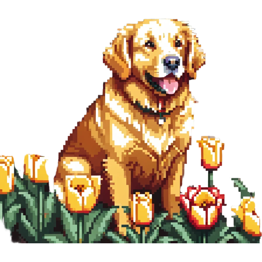 golden retriever surrounded by tulips emoji