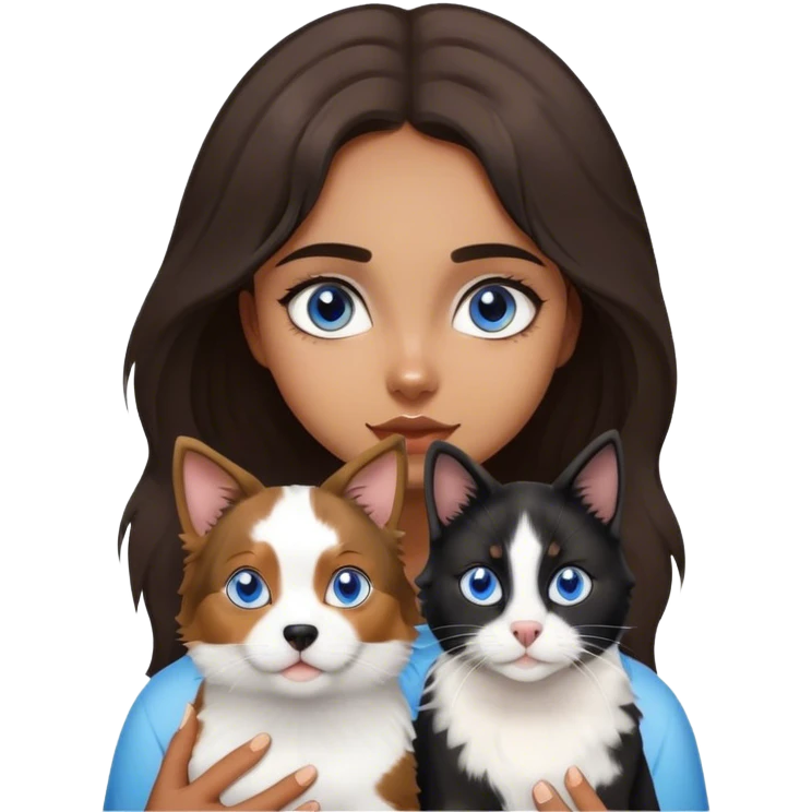 Young brown girl with blue eyes and dog Australian shepherd and a black and white cat emoji
