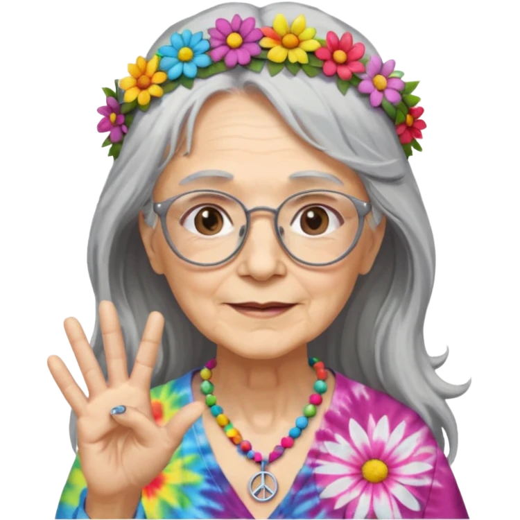 elderly woman with long grey hair, glasses, peace sign necklace, tie-dye clothing, flower crown emoji
