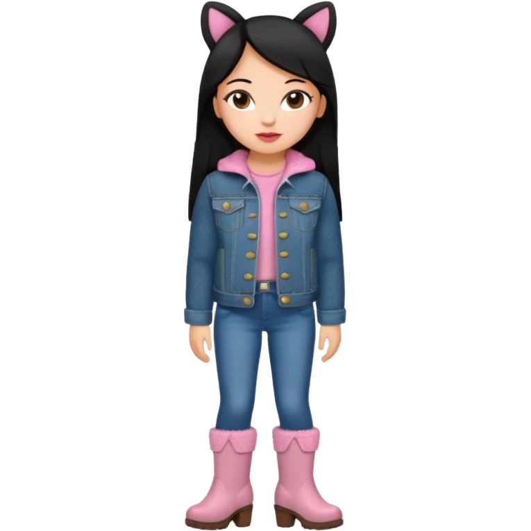 Gordita, ojos pequeños de color cafe oscuro, labios pequeños y rosados, piel trigueña, orejas pequeñas, cabello largo lazio y negro, pequeña. cuerpo completo. vestida con saco de lana jean y botas color café sin orejas emoji