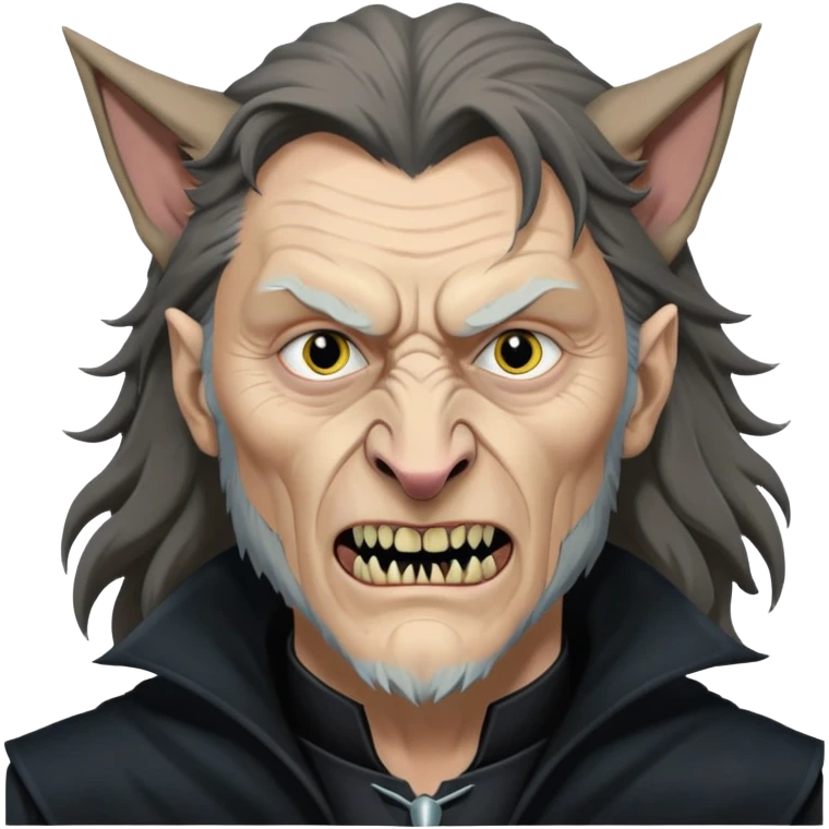 Fenrir Greyback in harry potter, black open chest coat, wolf face, pointed ear, bared teeth emoji