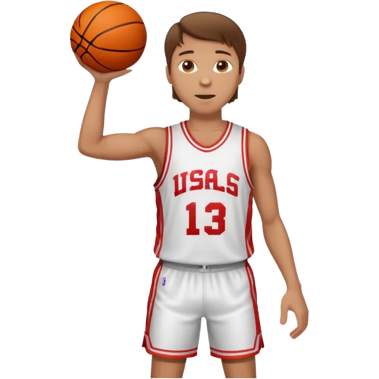 A white man with brown hair with a basketball, doing a layup emoji