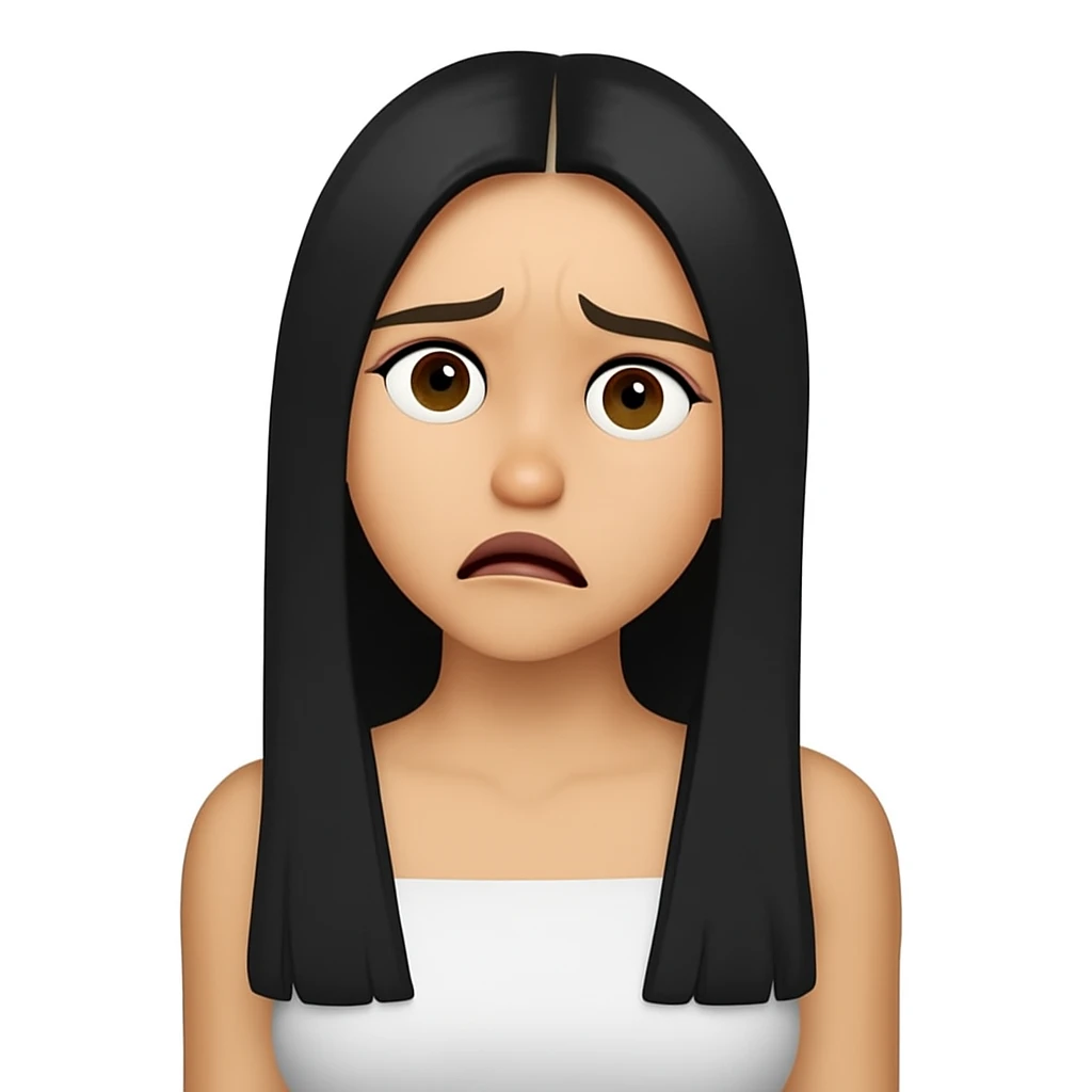Make the girl look more confused, keeping the same style as the reference image. She has long black hair, brown eyes, and is wearing a white top. Maintain these features while adjusting her expression to appear more confused. emoji