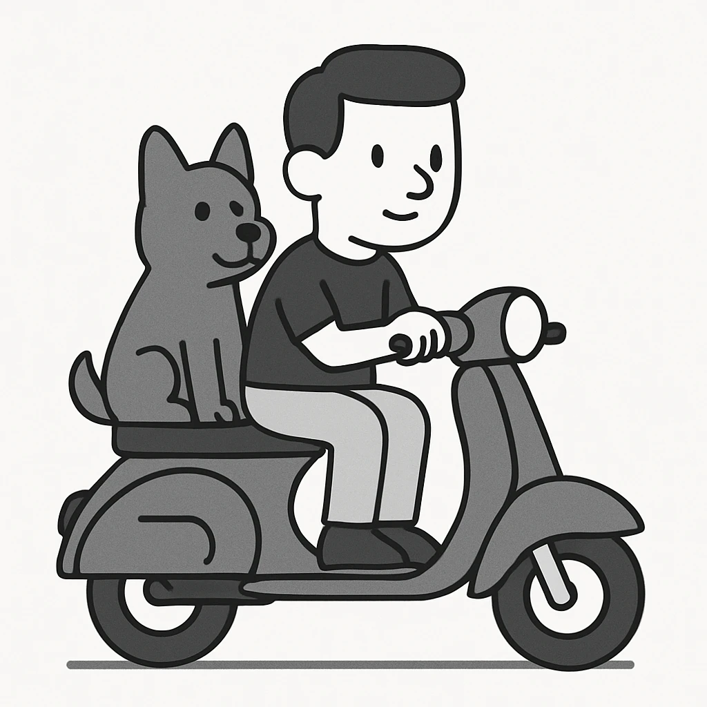 man and his pet dog riding a vespa emoji