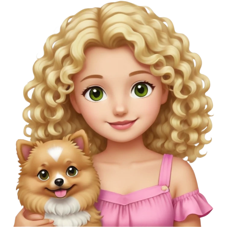 smiling girl with blonde curly hair and brown/Green eyes with a Blond Pomerania in a pink summer dress  emoji