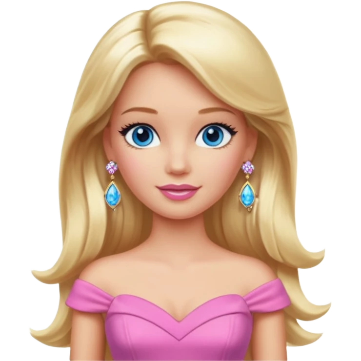barbie, long blonde hair, pink dress, with blue eyes,different dress,ear rings, jewelary. emoji