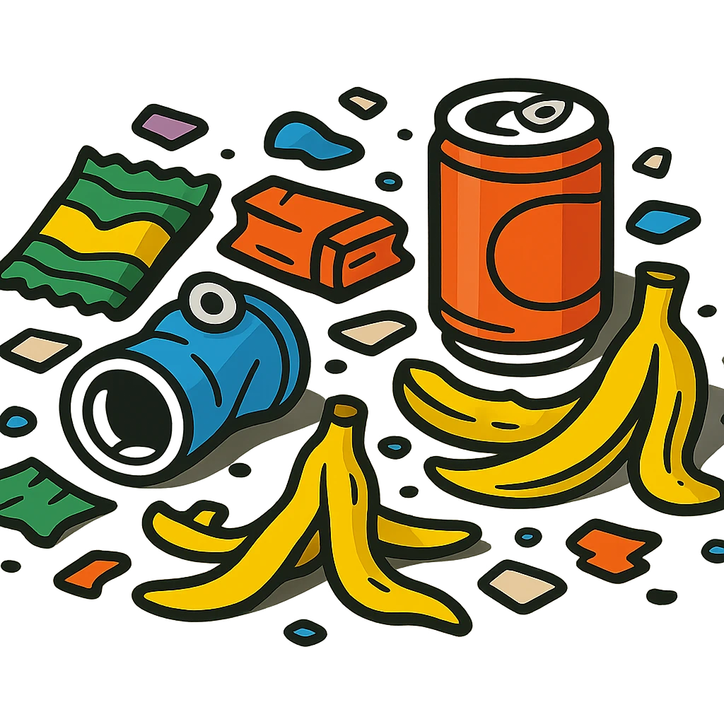 Make the trash on the floor look much messier, with more scattered items, in a vibrant cartoon style, no background. emoji